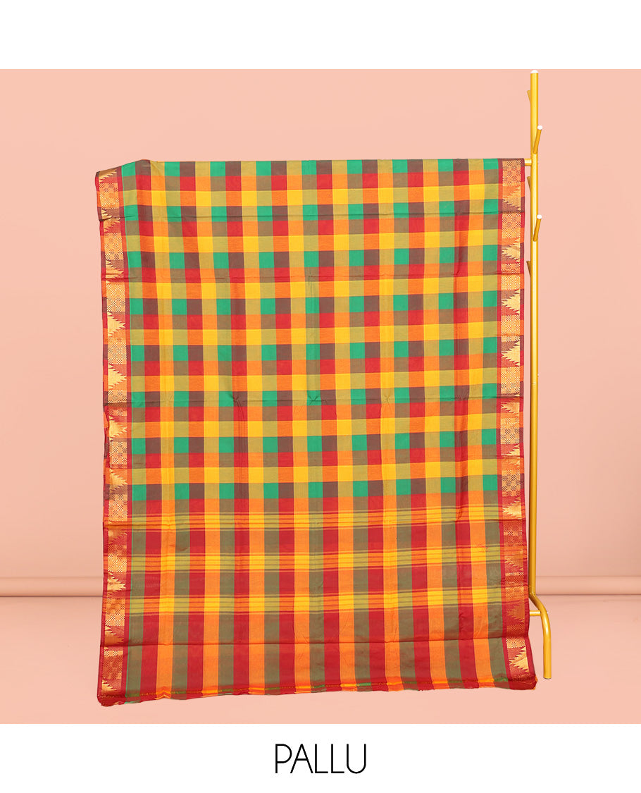 Multi-Color Chettinad Cotton Saree, Delicately Woven with Checks, Highlighted by Temple Border, Striped Pallu, and No Blouse