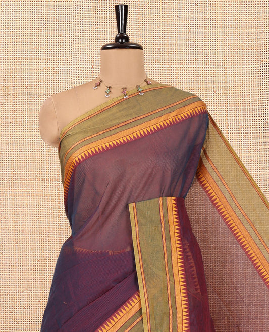 Purple Andhra Cotton Saree, Sparsely Woven with Stripes, a Contrast Temple Thread Border, Striped Pallu, and a Contrast Blouse