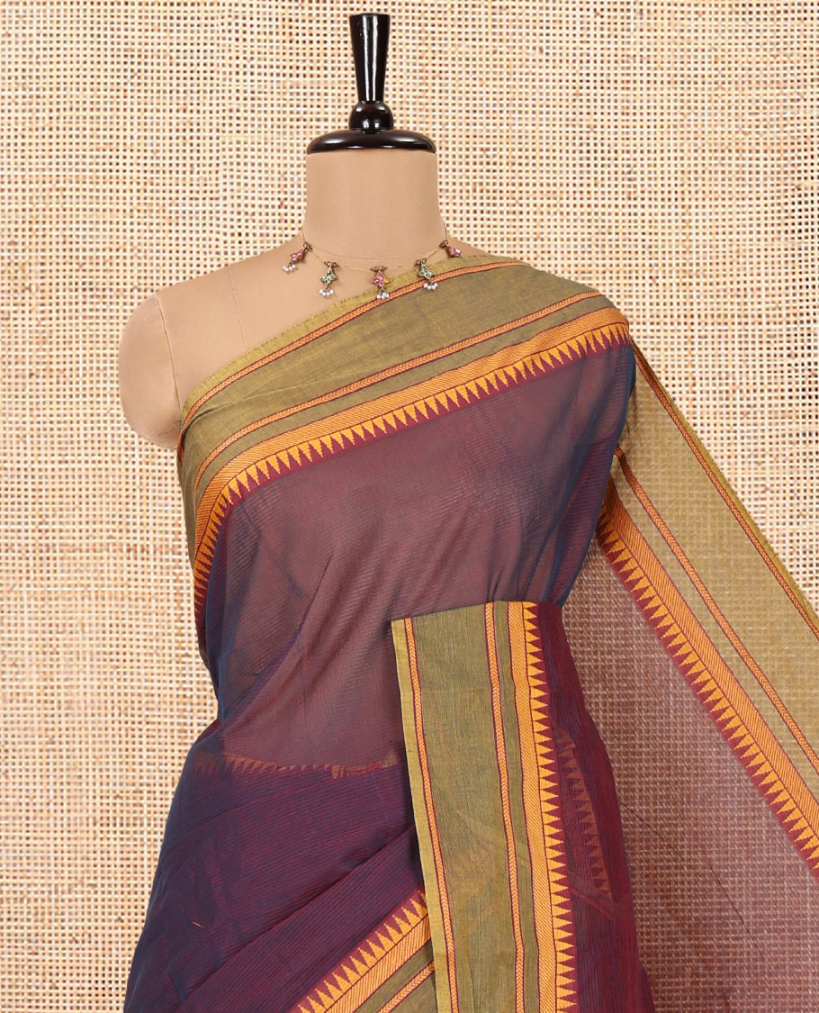 Purple Andhra Cotton Saree, Sparsely Woven with Stripes, a Contrast Temple Thread Border, Striped Pallu, and a Contrast Blouse