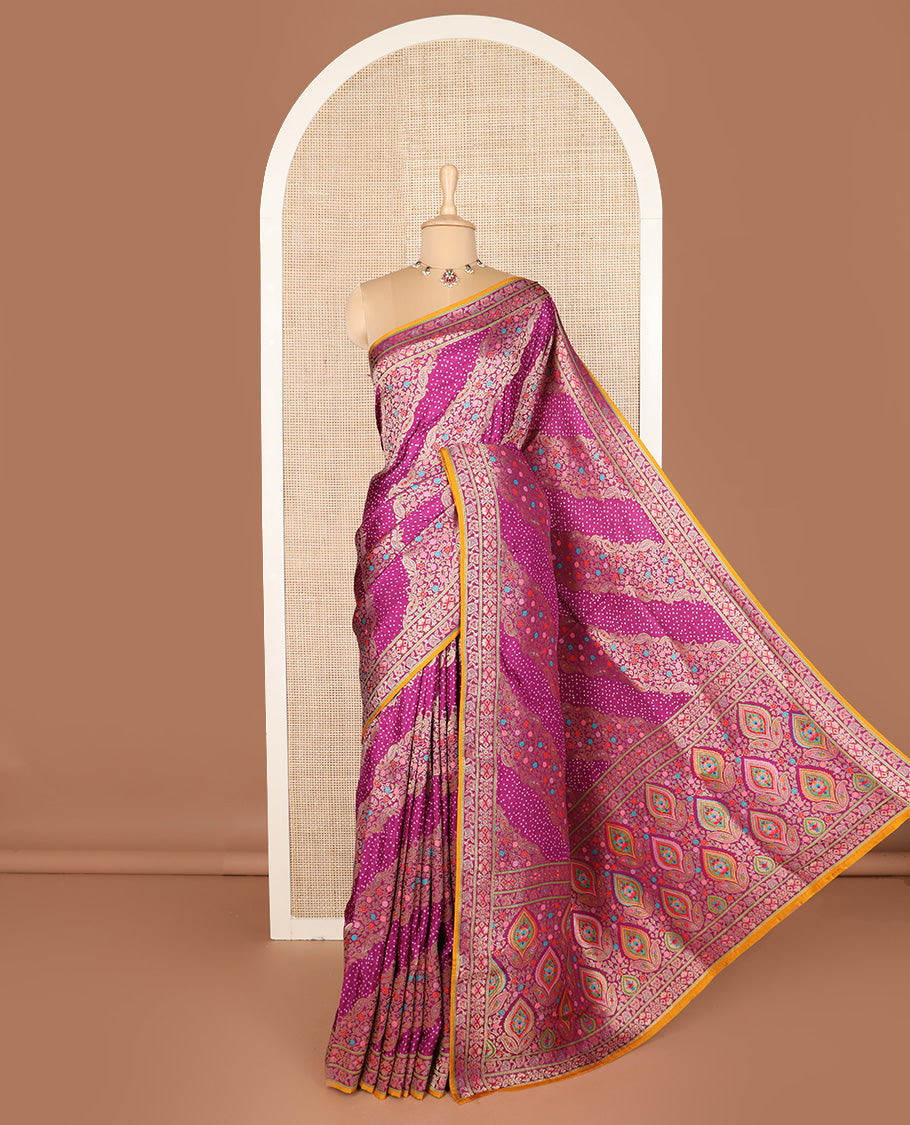 Purple bandhani dottes and meenakari floral-paisley design dola silk saree, self-border, and pallu of meenakari floral-paisley designs