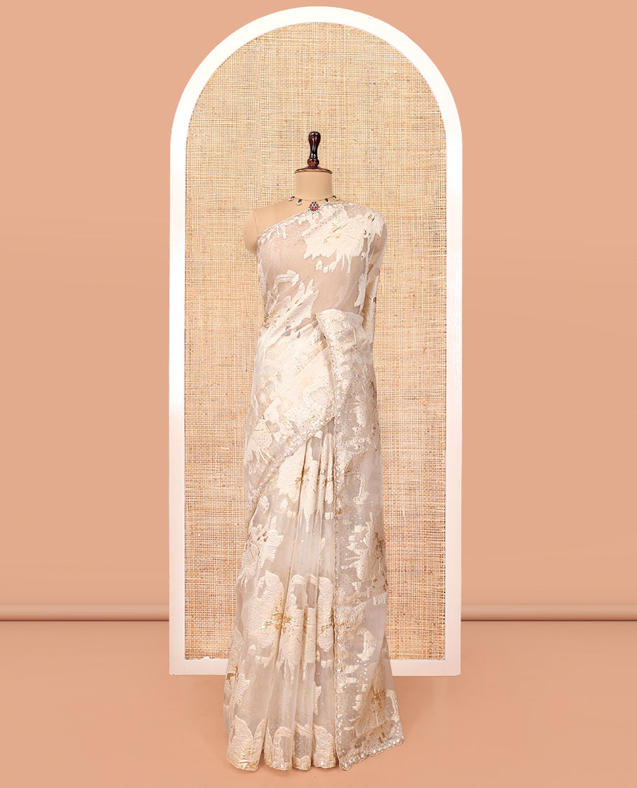 Gold Turkey Organza Saree, Shimmering with Floral Threadwork, a Gleaming Scallop Border, and a Matching Blouse