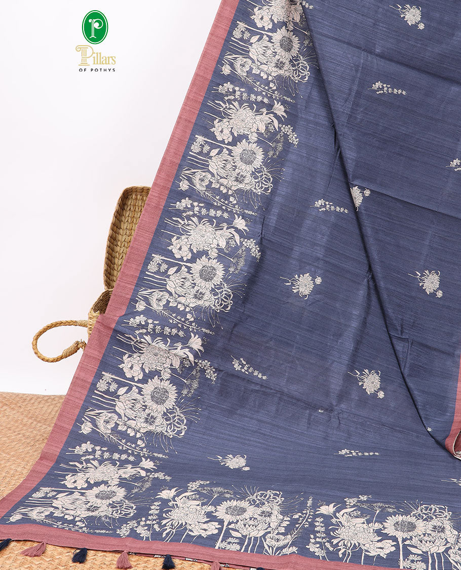 Blue floral digital printed semi-banaras tussar saree with contrast plain border