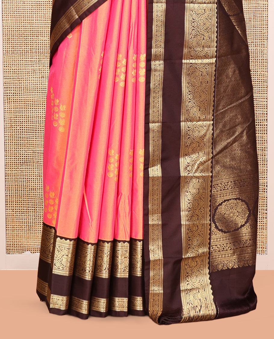 Peach Budget Silk Saree Features Buttas, Contrast Rettai Pettu Border, Grand Pallu, Contrast Blouse