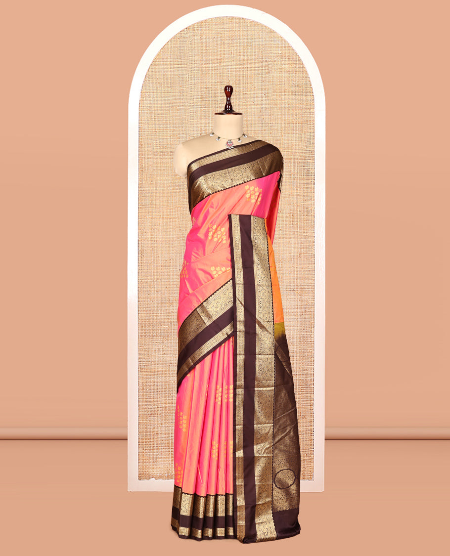 Peach Budget Silk Saree Features Buttas, Contrast Rettai Pettu Border, Grand Pallu, Contrast Blouse