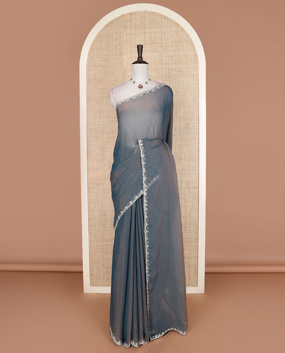Scintillating grey plain design designer saree, scallop embroidered border