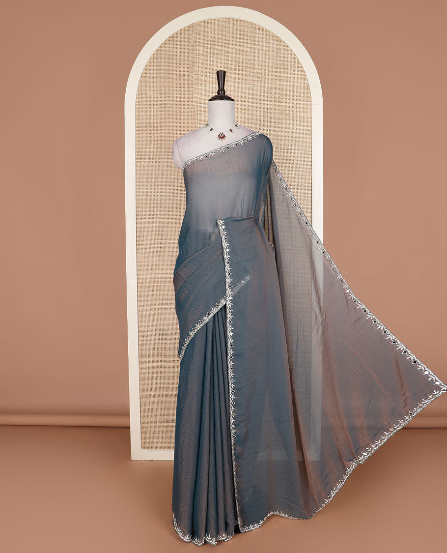 Scintillating grey plain design designer saree, scallop embroidered border