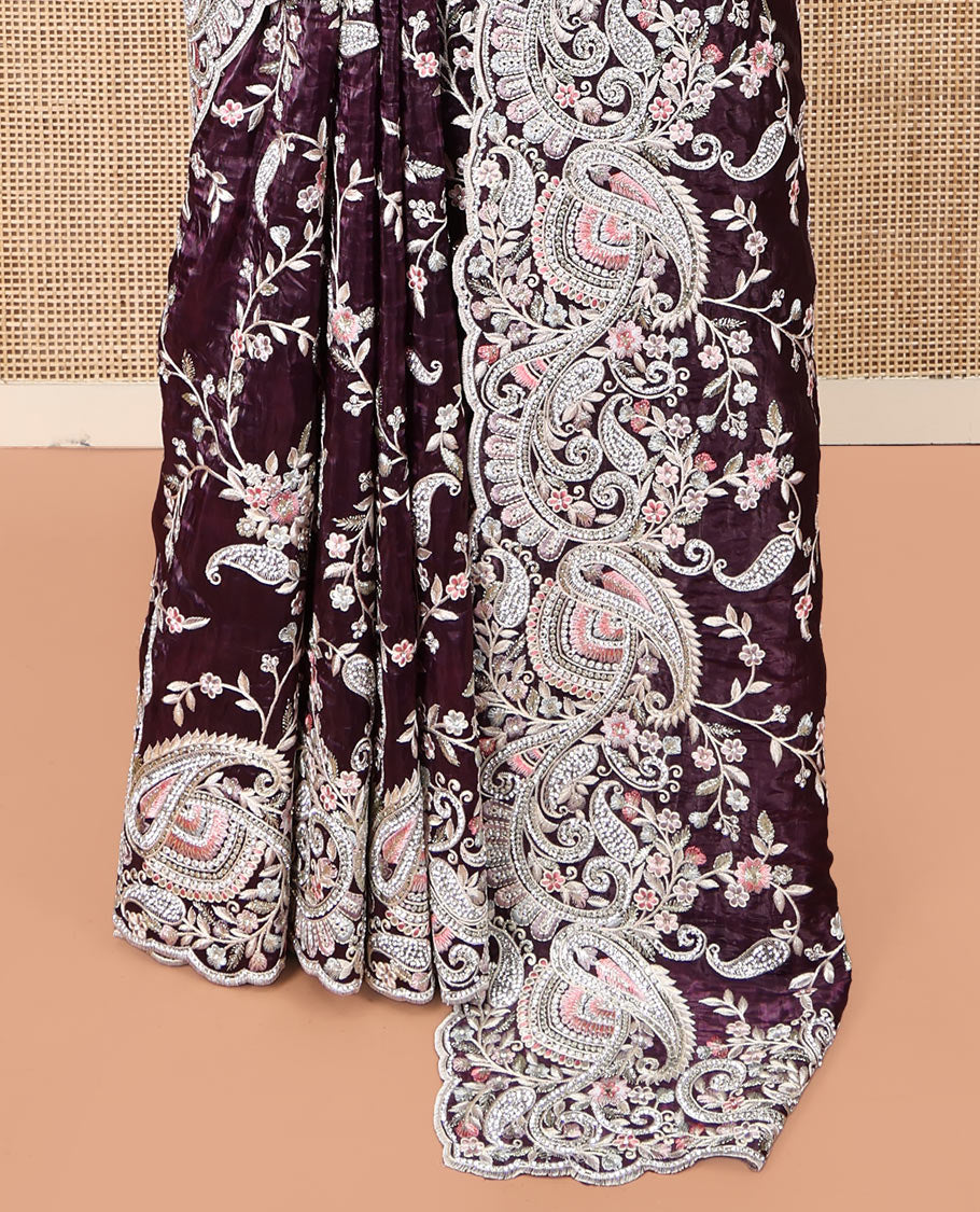 Purple Designer Saree, Styled with Paisley Vine Embroidered All Over Its Body, a Scallop Embroidered Border, and Matching Blouse