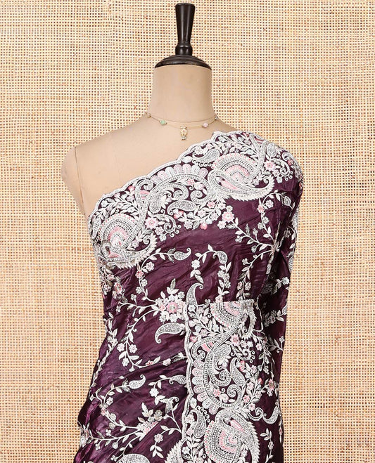 Purple Designer Saree, Styled with Paisley Vine Embroidered All Over Its Body, a Scallop Embroidered Border, and Matching Blouse
