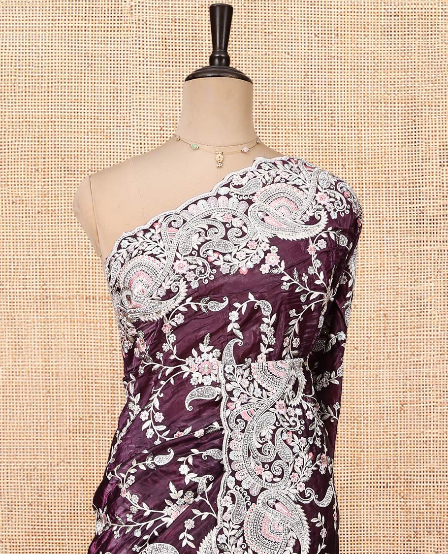Purple Designer Saree, Styled with Paisley Vine Embroidered All Over Its Body, a Scallop Embroidered Border, and Matching Blouse