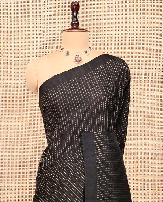 Black Dupion Silk Saree, Steeped in Richness of Stripes and Buttas, a Self-Border, Gleaming Zari Temple Pallu, and a Matching Blouse