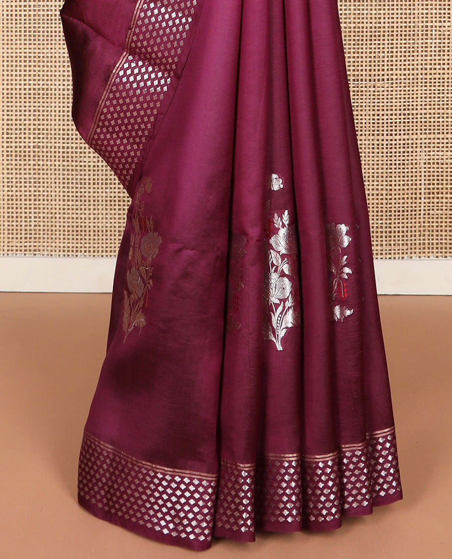 Purple motifs raw mago silk saree with self border zari design & argyle design pallu
