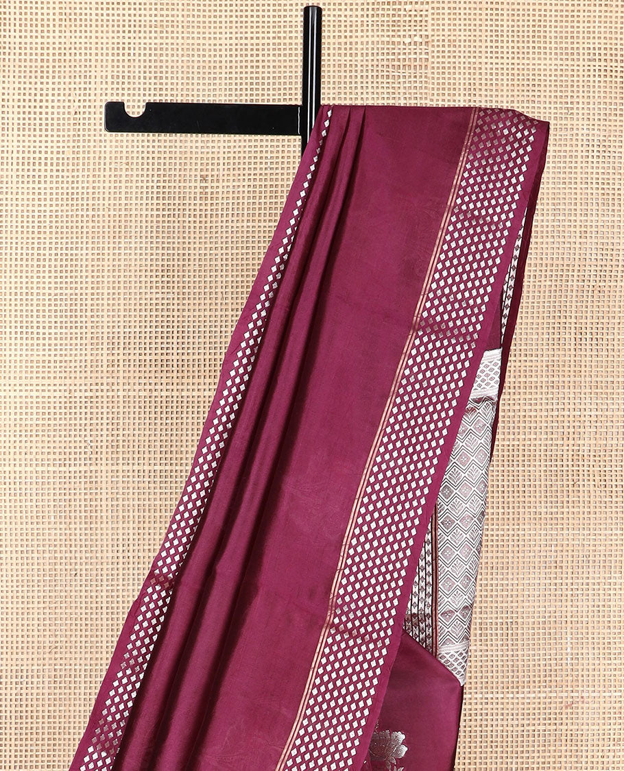 Purple motifs raw mago silk saree with self border zari design & argyle design pallu