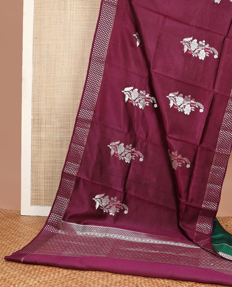 Purple motifs raw mago silk saree with self border zari design & argyle design pallu