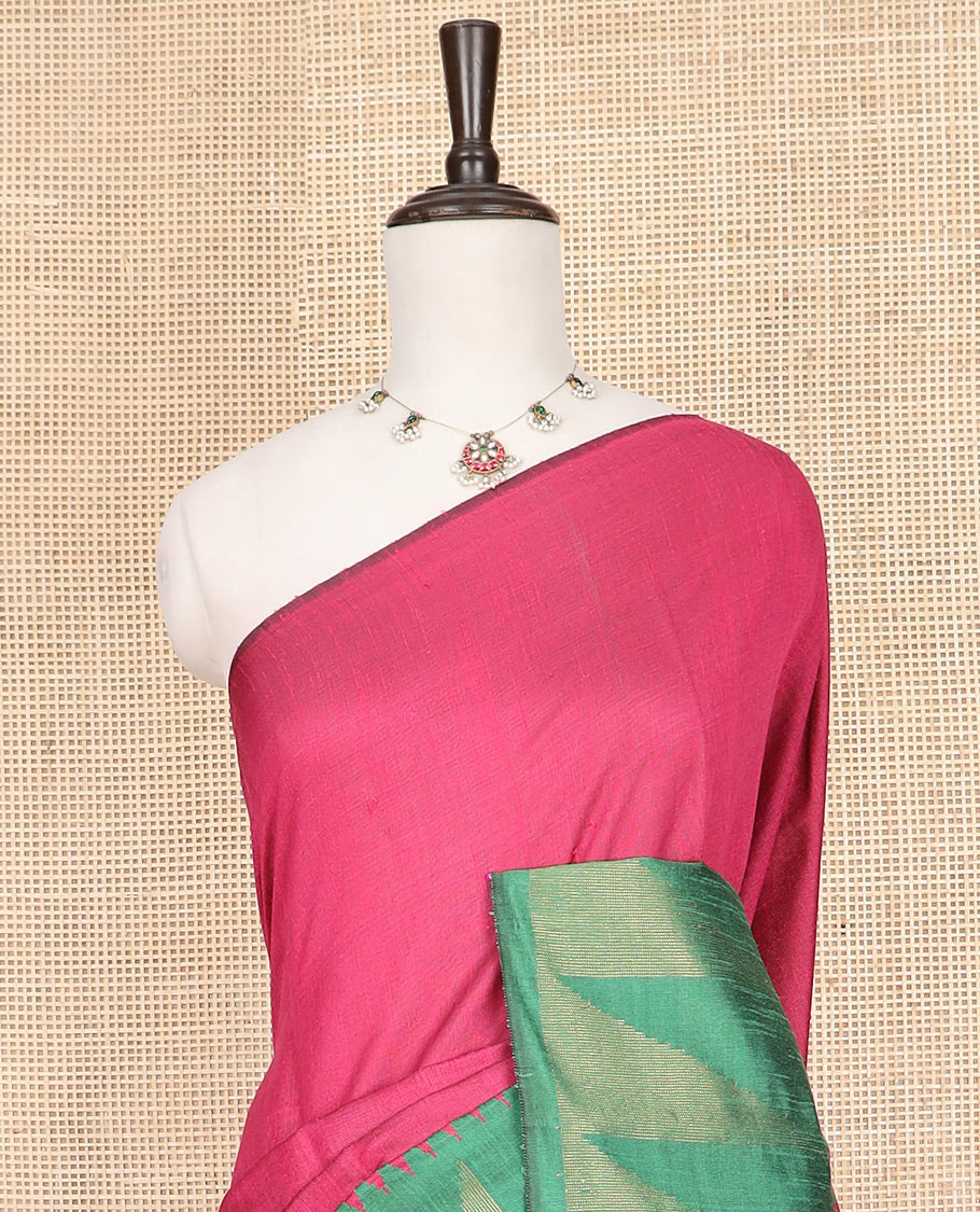 Pink Plain Dupion Silk Saree, Elevated with a One-Sided Contrast Temple Border, Pallu Steeped with Zari Temple Designs, and Paired with a Contrast Blouse