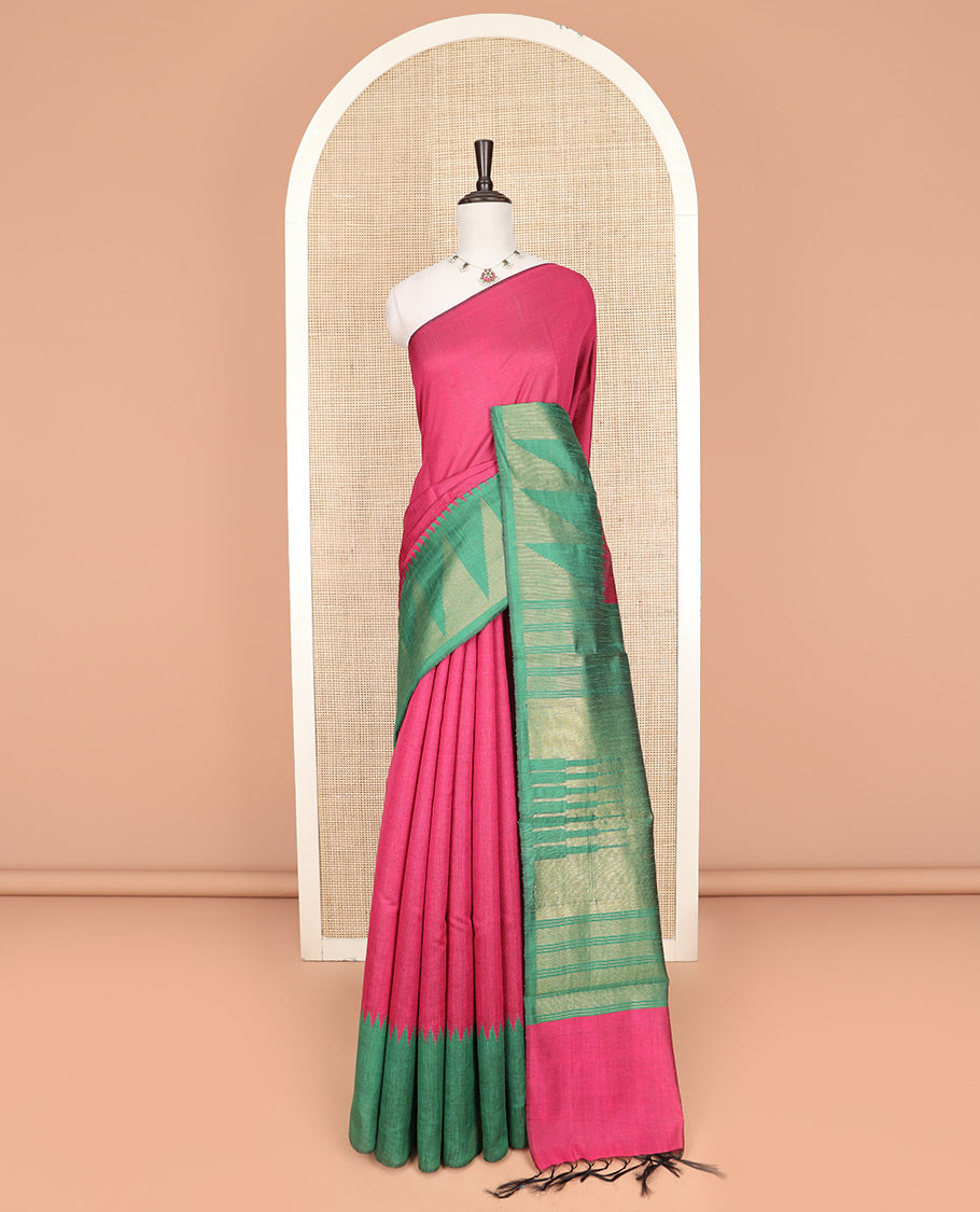 Pink Plain Dupion Silk Saree, Elevated with a One-Sided Contrast Temple Border, Pallu Steeped with Zari Temple Designs, and Paired with a Contrast Blouse