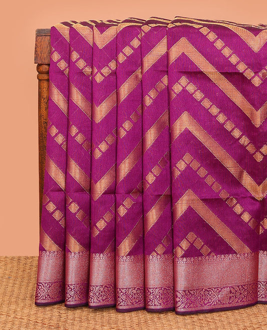 Magenta chevron striped dupion saree, traditional design border, and thread striped pallu