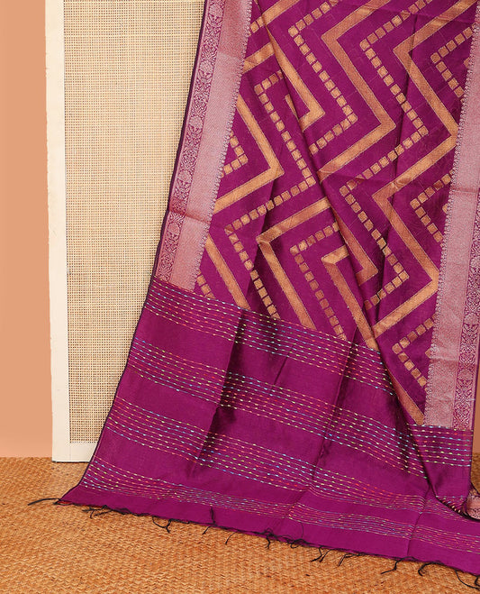 Magenta chevron striped dupion saree, traditional design border, and thread striped pallu
