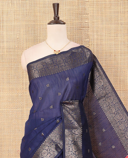 Blue zari buttas dupion saree, floral creeper border, and contrast pallu of thread stripes