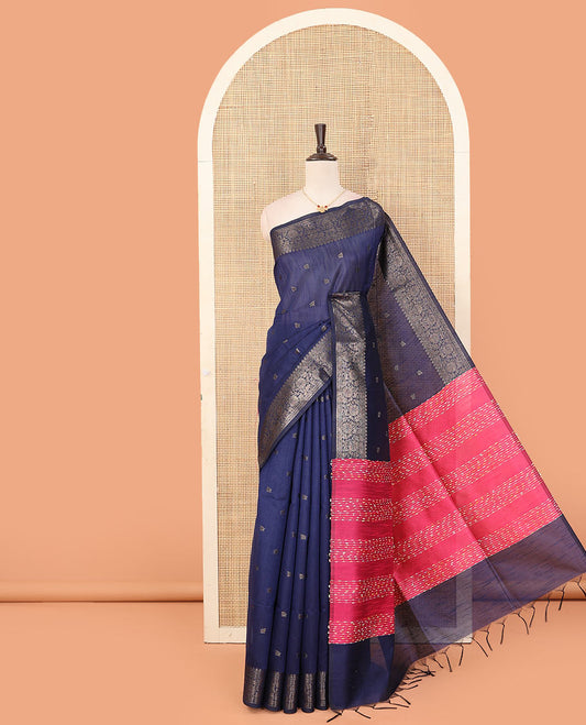 Blue zari buttas dupion saree, floral creeper border, and contrast pallu of thread stripes