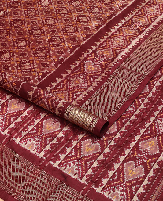 Maroon ikkat saree with ikkat jaal design, traditional design zari border & pallu of ikkat design