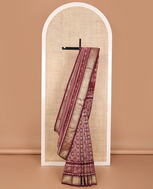 Maroon ikkat saree with ikkat jaal design, traditional design zari border & pallu of ikkat design