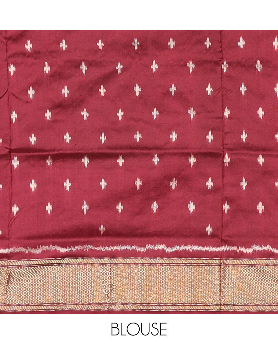 Maroon ikkat saree with ikkat jaal design, traditional design zari border & pallu of ikkat design