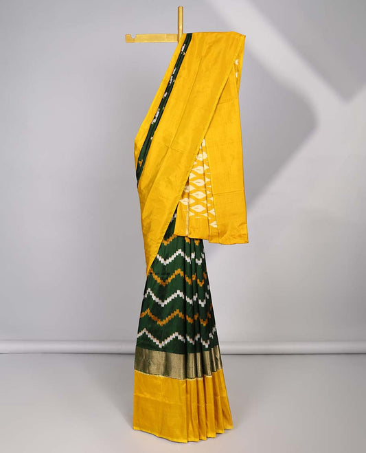 Green striped ikkat silk saree with contrast zari border & ogee design pallu