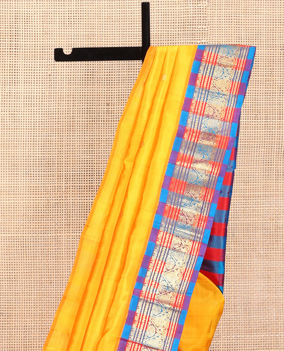 Yellow Kanchipuram Silk Saree, Elevated with Zari Buttas, a Contrast One-Sided Paalum Pazhmum Checked Zari Border, Paalum Pazhmum Checked Pallu, and No Blouse