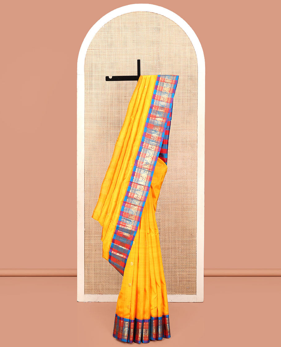 Yellow Kanchipuram Silk Saree, Elevated with Zari Buttas, a Contrast One-Sided Paalum Pazhmum Checked Zari Border, Paalum Pazhmum Checked Pallu, and No Blouse