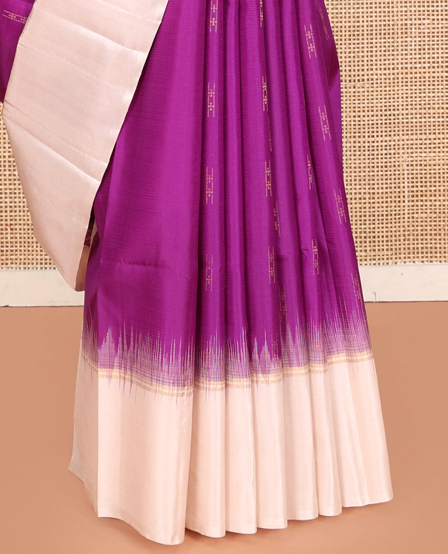 Purple Kanchipuram Silk Saree, Sparsely Woven with Zari Buttas, Contrast Border, Sparsely Woven Pallu, and Contrast Blouse