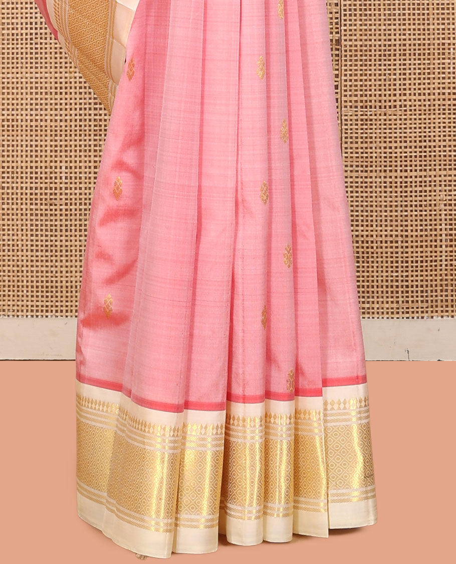 Pink Kanchipuram Silk Saree, Finely Crafted with Zari Buttas, a Contrast One-Sided Border of Panner Sombu, Banaras, and Jaal Designs, a Zari Design Pallu, and No Blouse