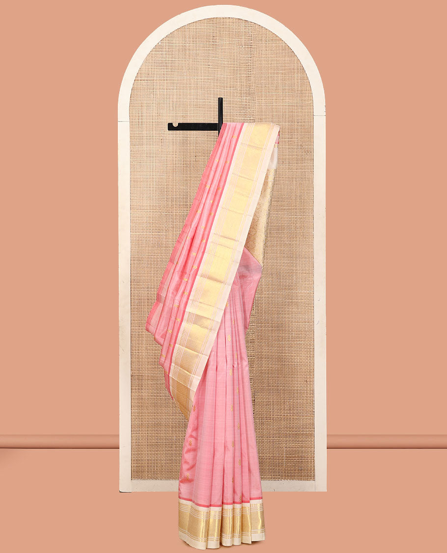 Pink Kanchipuram Silk Saree, Finely Crafted with Zari Buttas, a Contrast One-Sided Border of Panner Sombu, Banaras, and Jaal Designs, a Zari Design Pallu, and No Blouse