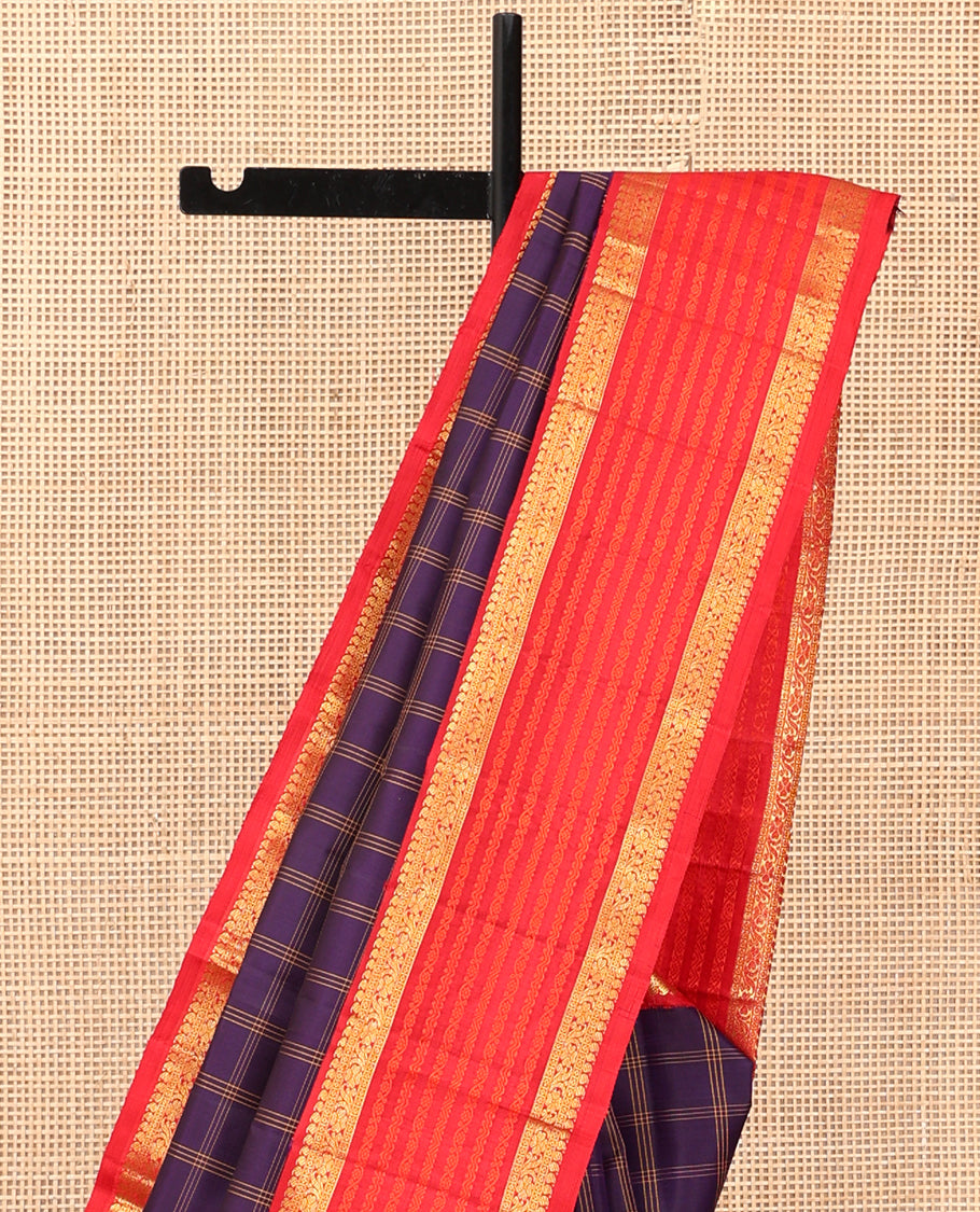 Purple Checked Kanchipuram Silk Saree, Adorned with Zari Buttas, Complemented by a Contrast Korvai  Border of Manga, and Kodi Visiry Designs, Temple Pallu, and a Contrast Blouse