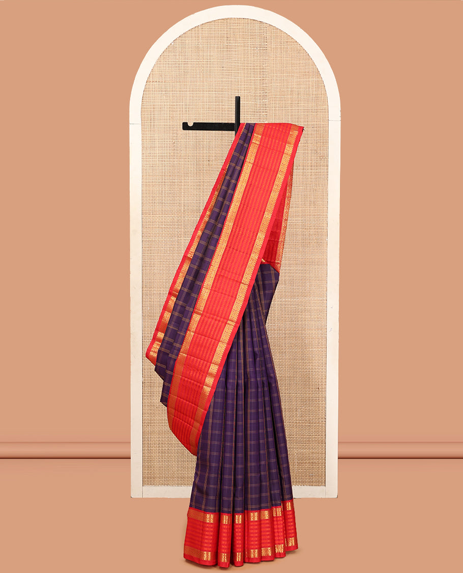 Purple Checked Kanchipuram Silk Saree, Adorned with Zari Buttas, Complemented by a Contrast Korvai  Border of Manga, and Kodi Visiry Designs, Temple Pallu, and a Contrast Blouse