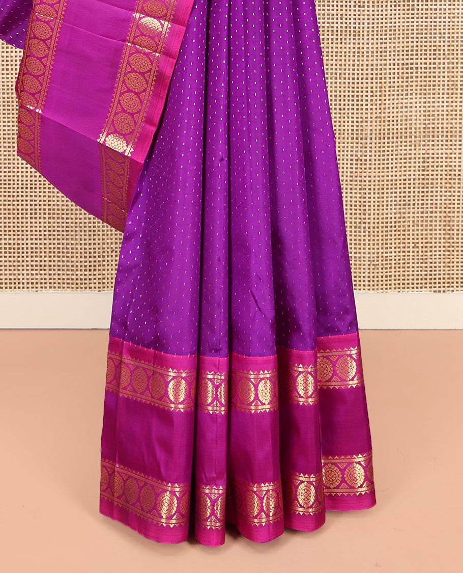 Purple Kanchipuram Silk Saree, Steeped with Zari Buttas, Complemented by a Contrast One-Sided Border of Rekku, and Chakram Designs, Floral Design Pallu, and No Blouse