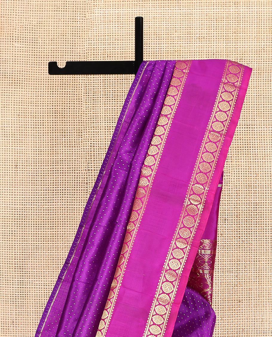 Purple Kanchipuram Silk Saree, Steeped with Zari Buttas, Complemented by a Contrast One-Sided Border of Rekku, and Chakram Designs, Floral Design Pallu, and No Blouse