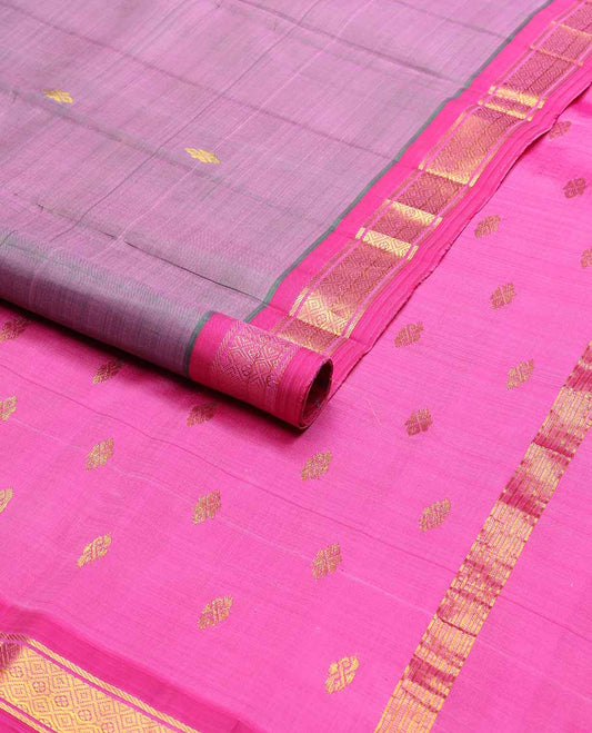 Purple floral buttas kancheepuram silk saree with contrast zari design border & floral design pallu
