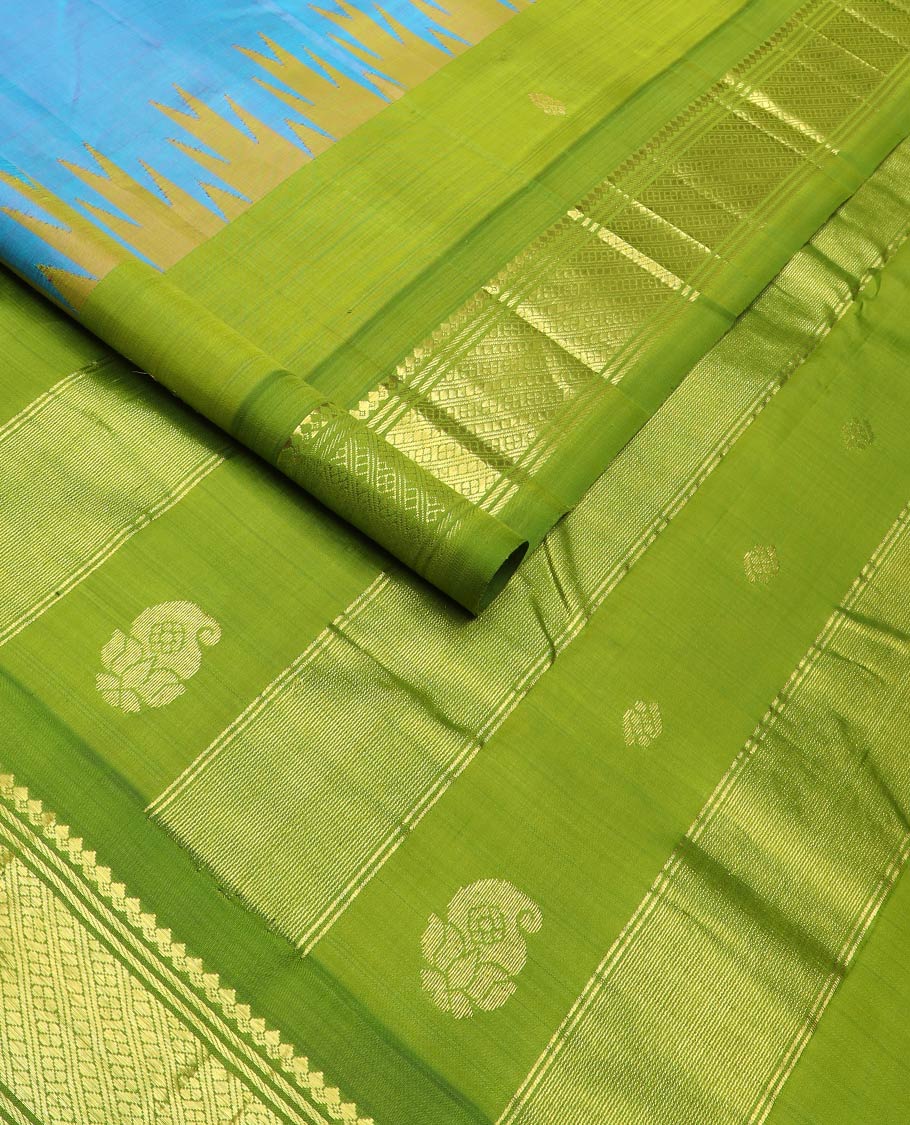 Green zari buttas kanchipuram silk saree, contrast thazampoo rekku one-sided zari border of salngai,banaras, & lavangam & zari design pallu