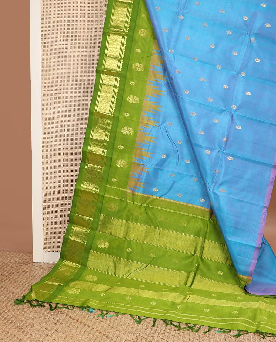 Green zari buttas kanchipuram silk saree, contrast thazampoo rekku one-sided zari border of salngai,banaras, & lavangam & zari design pallu