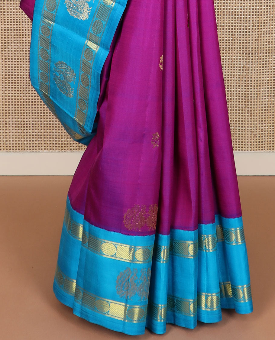 Rani pink zari buttas Kanchipuram silk saree, contrast korvai rettai pettu poun design border & floral design pallu