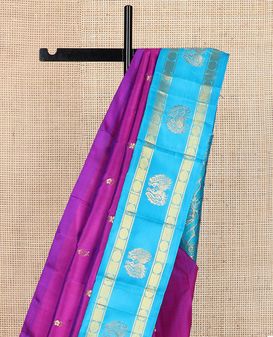 Rani pink zari buttas Kanchipuram silk saree, contrast korvai rettai pettu poun design border & floral design pallu