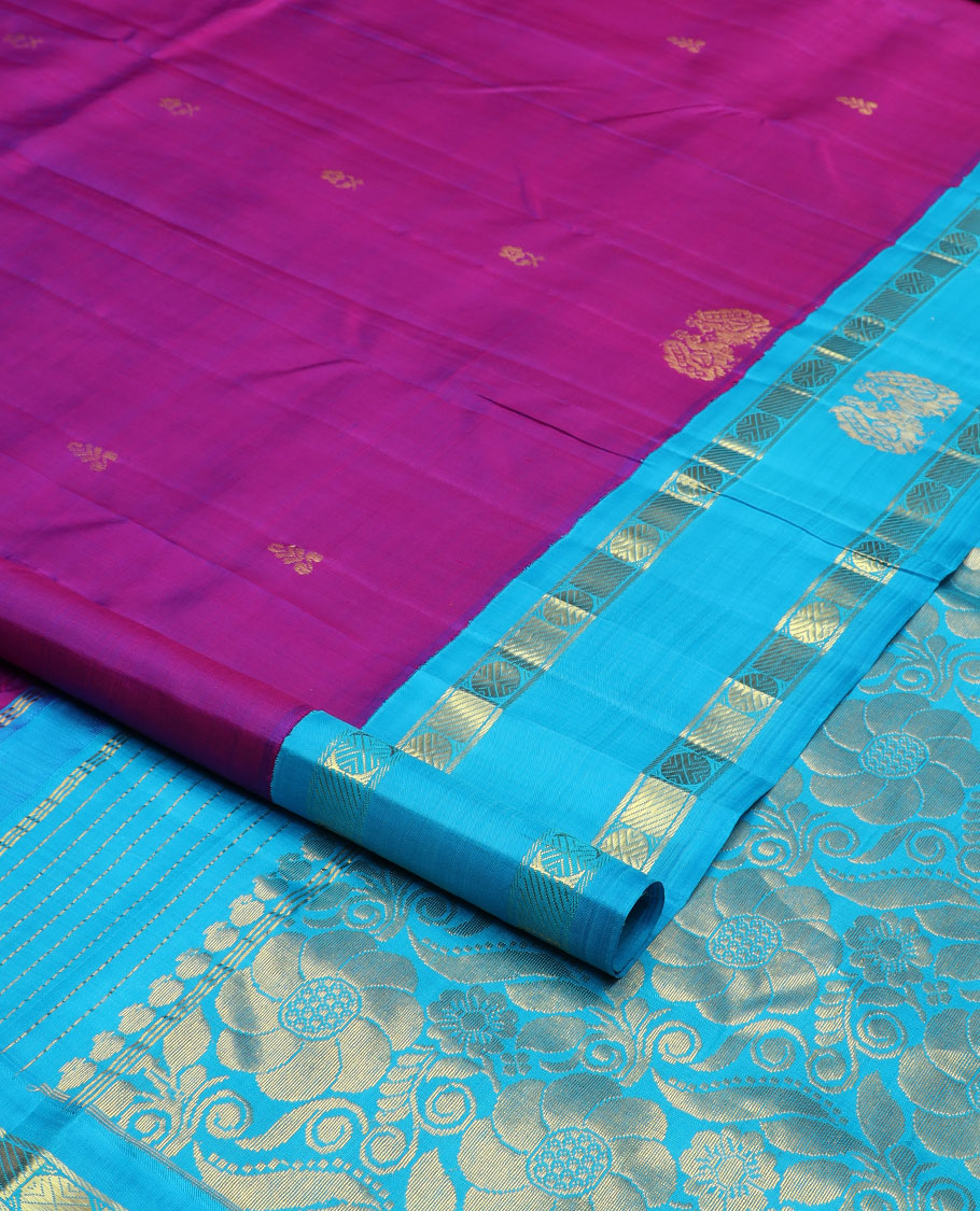 Rani pink zari buttas Kanchipuram silk saree, contrast korvai rettai pettu poun design border & floral design pallu