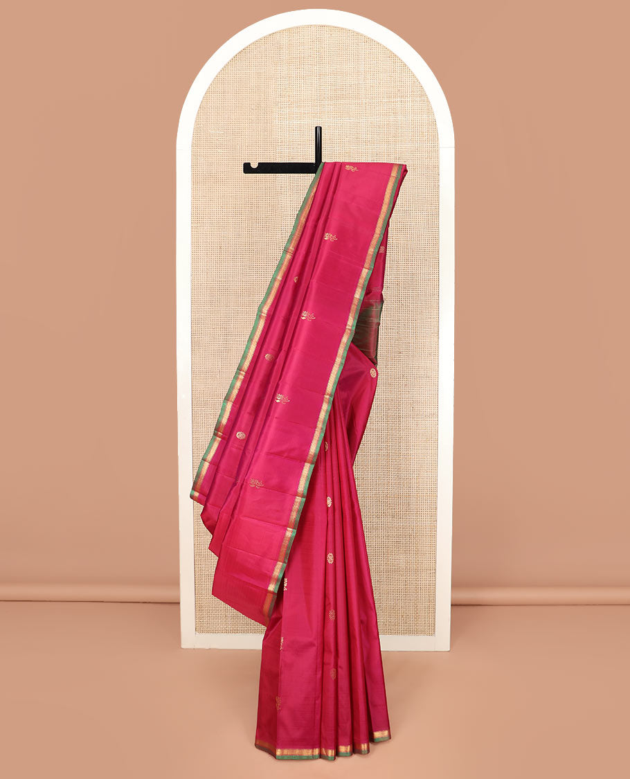 Red Kanchipuram Silk Saree Elevated with Zari Buttas, Features Contrast Zari Piping Border, Subtly Woven Contrast Pallu with Floral Designs, and Paired with a Contrast Blouse