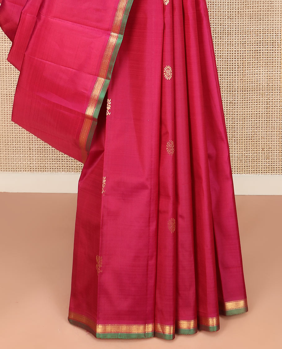 Red Kanchipuram Silk Saree Elevated with Zari Buttas, Features Contrast Zari Piping Border, Subtly Woven Contrast Pallu with Floral Designs, and Paired with a Contrast Blouse