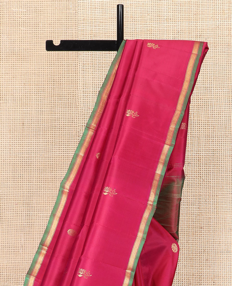 Red Kanchipuram Silk Saree Elevated with Zari Buttas, Features Contrast Zari Piping Border, Subtly Woven Contrast Pallu with Floral Designs, and Paired with a Contrast Blouse