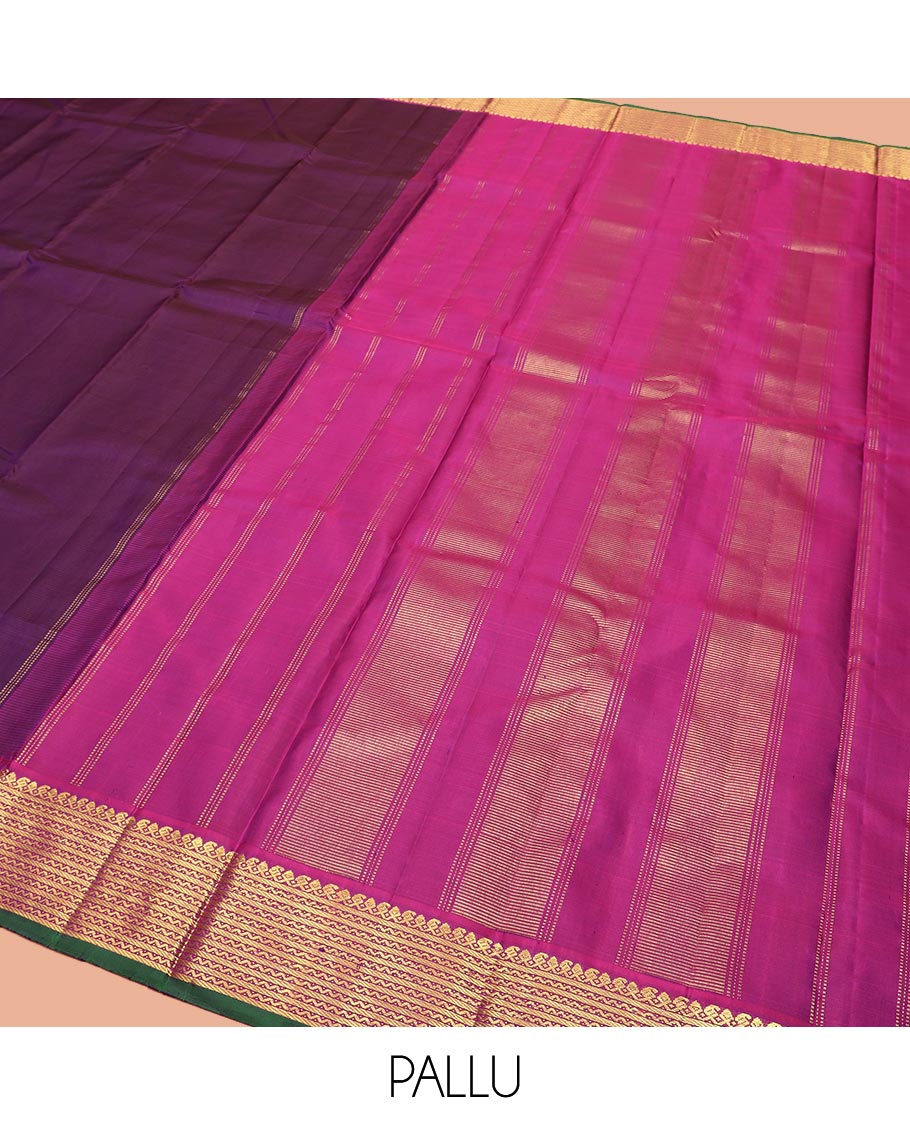 Purple Plain Kanchipuram Silk Saree, Complemented by Contrast Border Featuring Thilakam Mokku, Manga Mokku, Banaras, and Neli Designs, Pallu Adorned with Zari Designs, and Paired with a Contrast Blouse