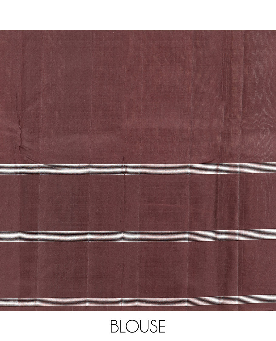 Orange Kanchipuram Silk Saree Sparsely Sparkled Checks on Its Body, Complemented by a Contrast Border of Iruthalai Pakshi Butta Enclosed Checks, Gleaming Pallu of Jaal Designs, and Paired with a Contrast Blouse