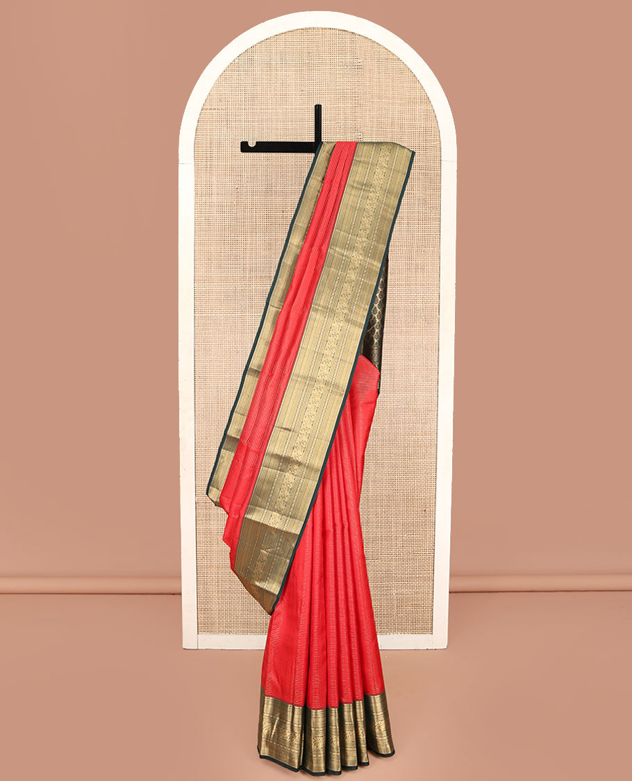 Red Kanchipuram Silk Saree, Woven with Geometric Patterns All Over Its Body, Complemented by Contrast Border of Thilakam Mokku, Kathir, Vanki, Banaras, Laddu Kamalam, and Mayil Designs, a Meticulously Crafted Pallu, and Paired with a Contrast Blouse