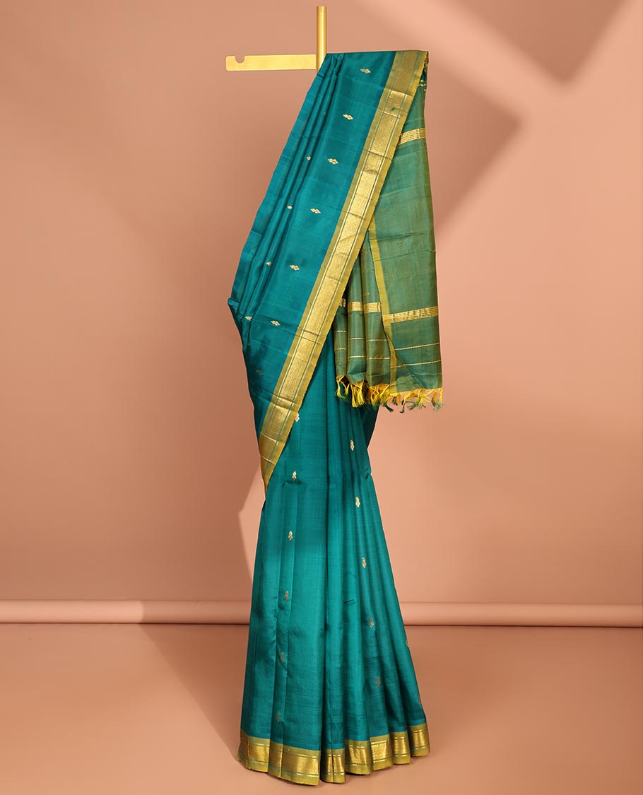 Green floral buttas kancheepuram silk saree with contrast border of banaras, jaal design & striped, floral design pallu