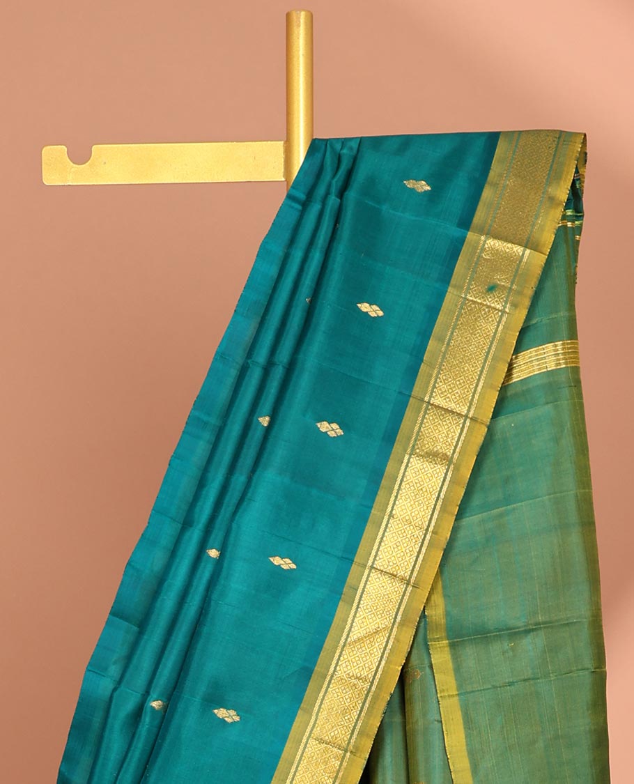 Green floral buttas kancheepuram silk saree with contrast border of banaras, jaal design & striped, floral design pallu